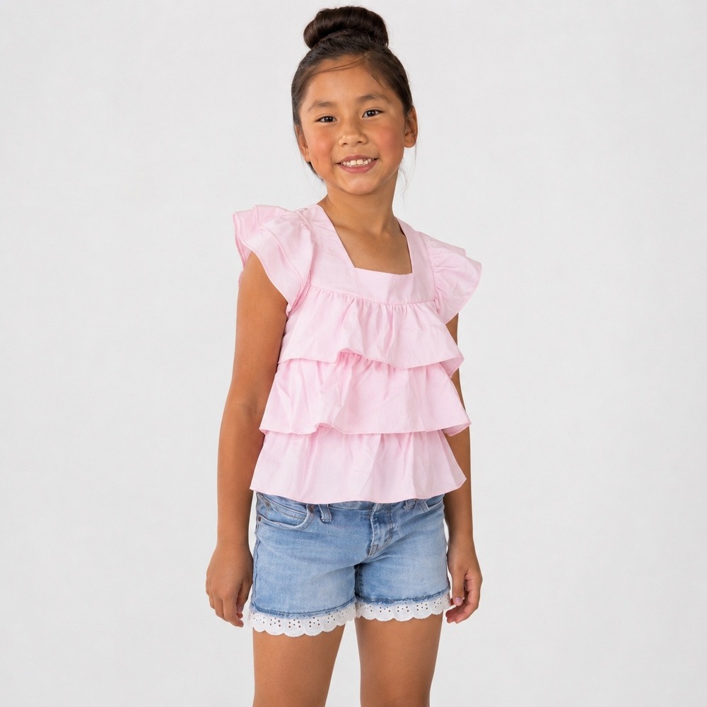 Girls Pink Ruffle Tiered Square Neck Sleeveless Top Kids Size 6 0045